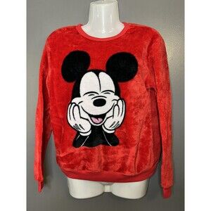 Disney Mickey Mouse Sweater Womens XS Red Fuzzy Fleece Pullover Crew Neck Cozy